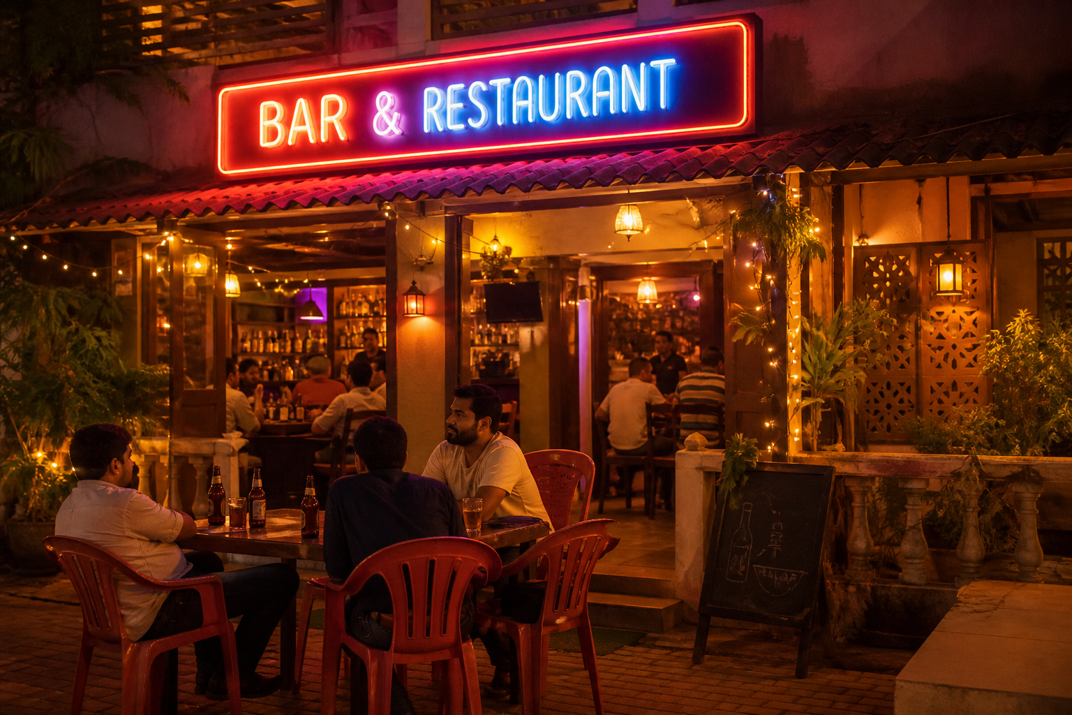 Warm evening bar and restaurant atmosphere in a small Indian town