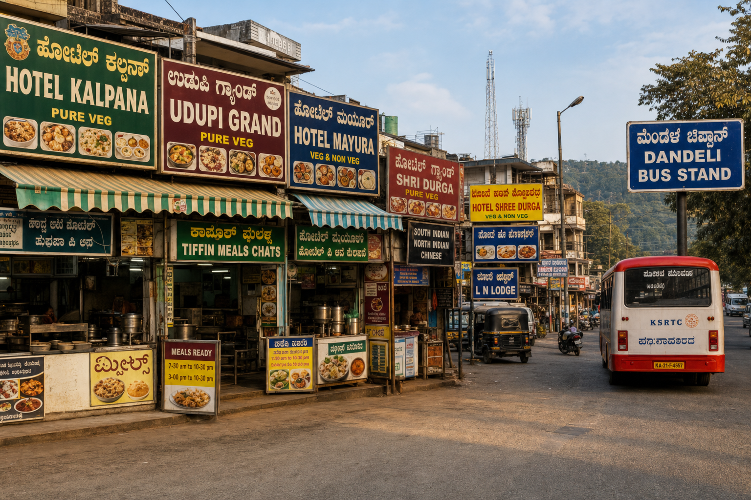 Restaurant signboards and food shops near Dandeli bus stand market street