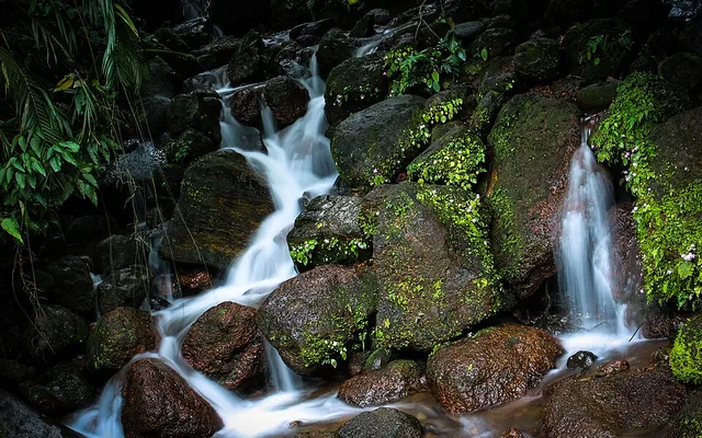 Rocky forest stream and cascade at Sathkhanda Falls near Dandeli