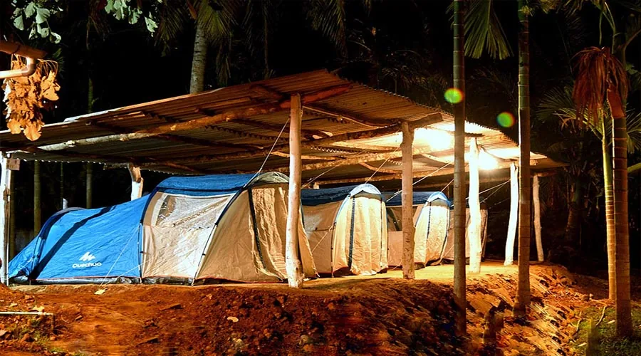 Quechua tents under shelter at night at Dandeli River Edge Resort