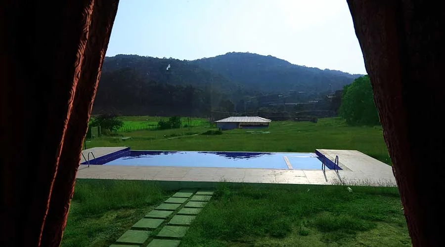 Pool and meadow view from a cottage at Dark Forest Resort Homestay Dandeli