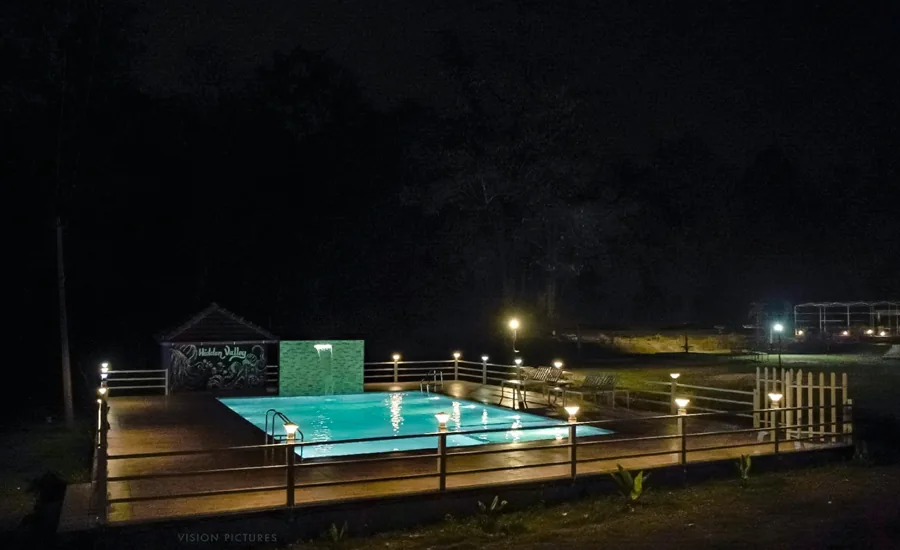 Night swimming pool at Hidden Valley Dandeli