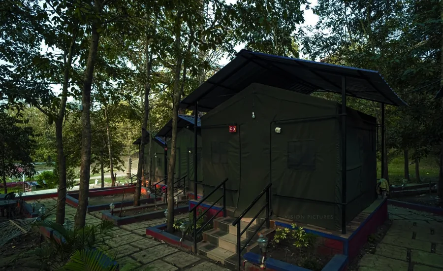Forest-edge safari tents at Hidden Valley Dandeli
