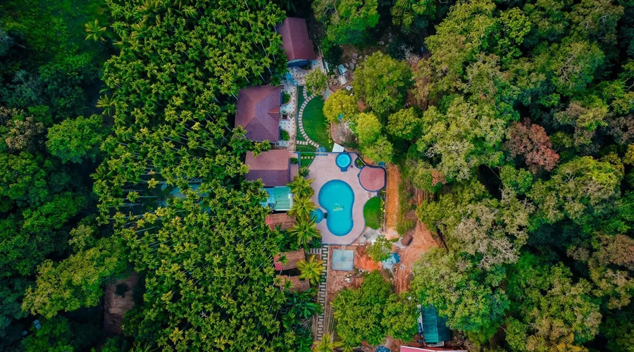 Aerial view of pool and cottages at Woodpecker Homestay Dandeli